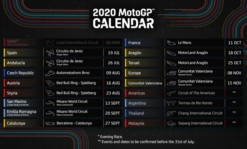 MotoGP divulga novo calendário 2020 com "overdose espanhola"